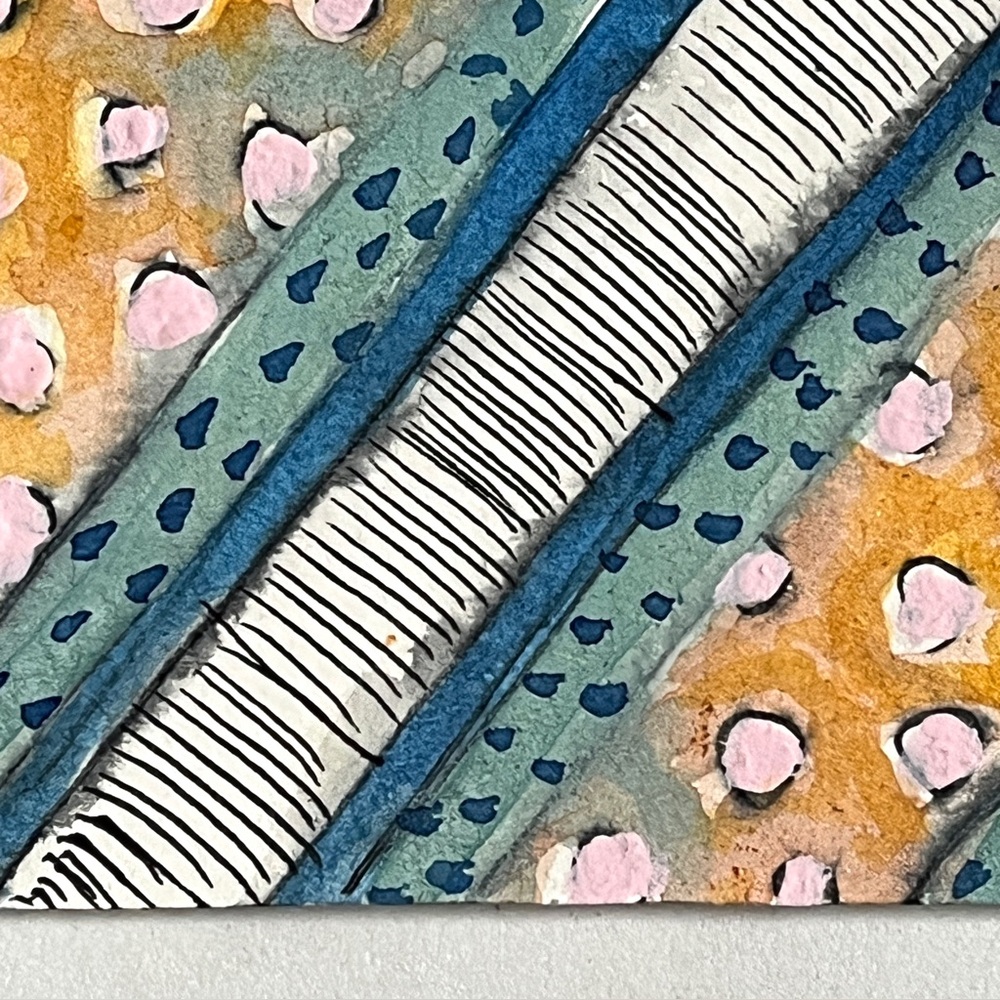 Abstract Striped Art Painting - Blue, Orange, Gray- Pen & Ink & Gouache NEW